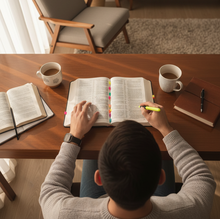Firefly_Gemini Flash_jovem estudando a biblia angulo de cima. foto profissional sem mostrar o rosto da pes 949104 Firefly_Gemini Flash_jovem estudando a biblia angulo de cima. foto profissional sem mostrar o rosto da pes 949104